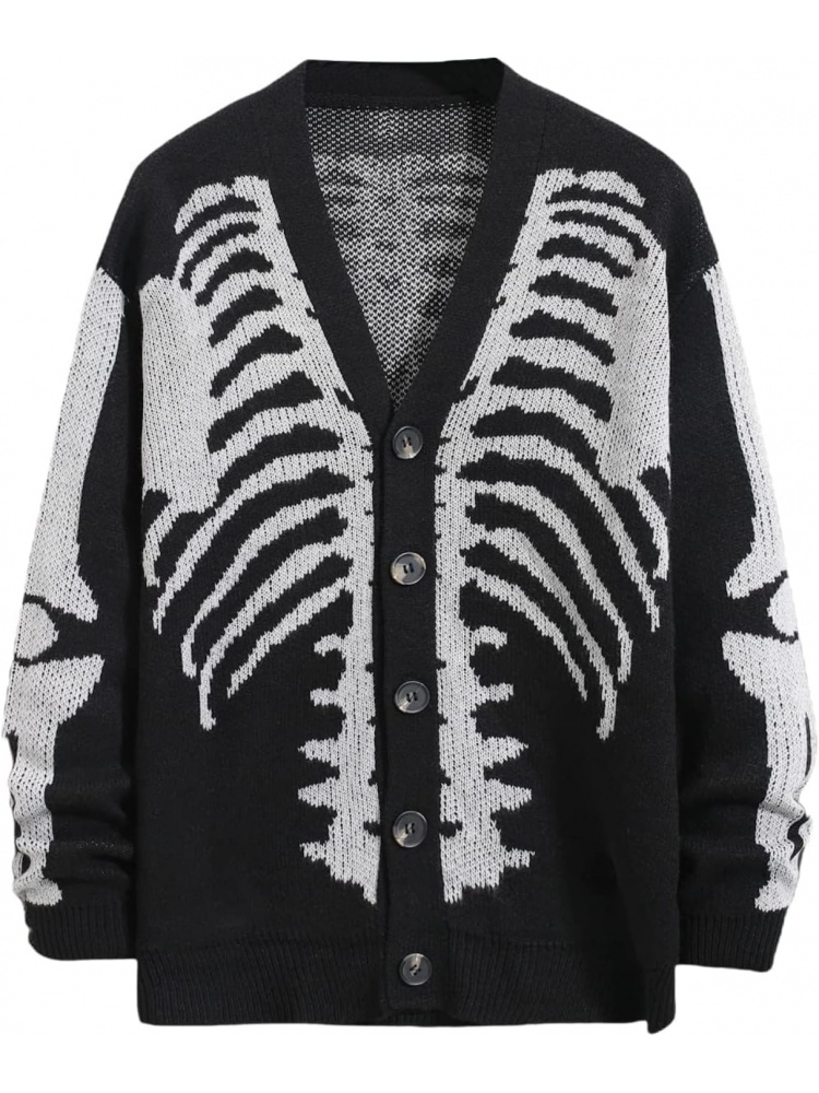 Wool Blend Coat - Men's Skeleton Pattern Cardigan Sweaters, Gothic